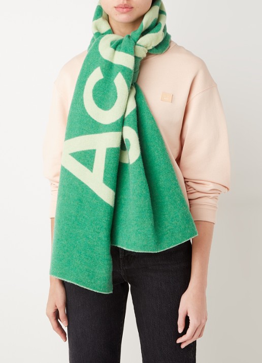 Acne Studios Sjaal in wolblend met logoprint 200 x 40 cm - voorkant 2 groen