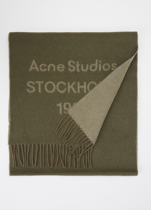 Acne Studios Sjaal van wol met logoprint 180 x 40 cm - voorkant legergroen