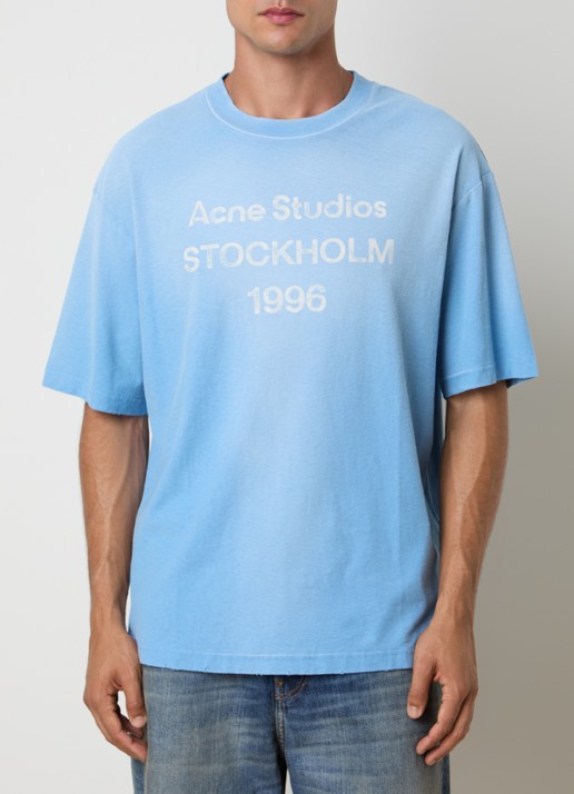 Acne Studios T-shirt met logoprint en verwassen afwerking - detail 3 lichtblauw