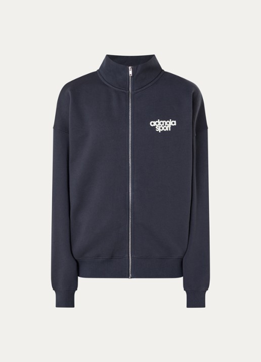 Adanola Sweatvest met logoprint en opstaande kraag - voorkant 2 donkerblauw