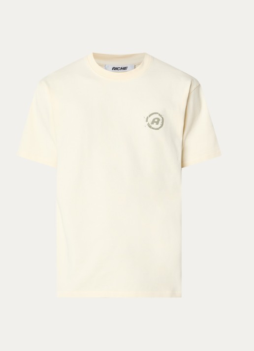 Aiche Broken Pieces T-shirt met logo- en backprint - voorkant gebroken wit