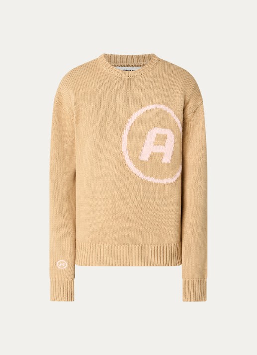 Aiche Grofgebreide trui met logo - voorkant beige