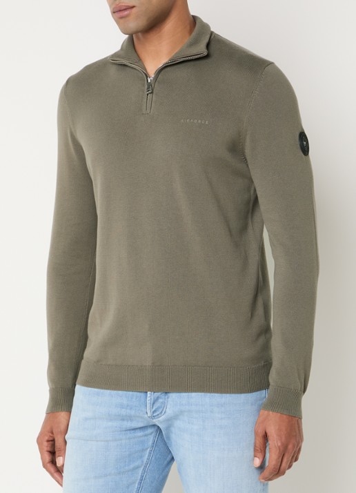 Airforce Fijngebreide pullover met halve rits en logo - detail zand