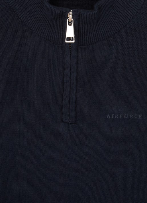 Airforce Fijngebreide pullover van  katoen met halve rits - detail donkerblauw