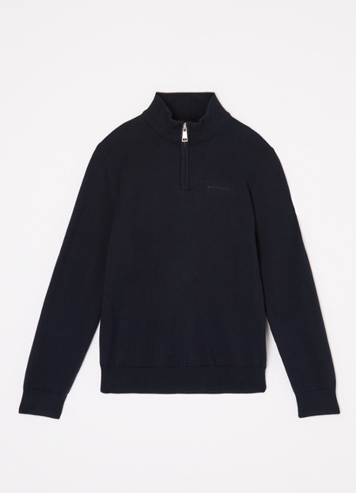 Airforce Fijngebreide pullover van  katoen met halve rits - voorkant 2 donkerblauw