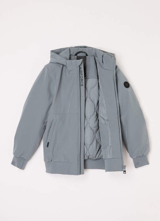 Airforce Gewatteerd bomberjack van softshell met capuchon - voorkant 3 blauwgrijs