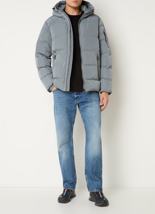 Airforce Morris puffer jack met logo en opbergbare capuchon - voorkant 2 staalblauw