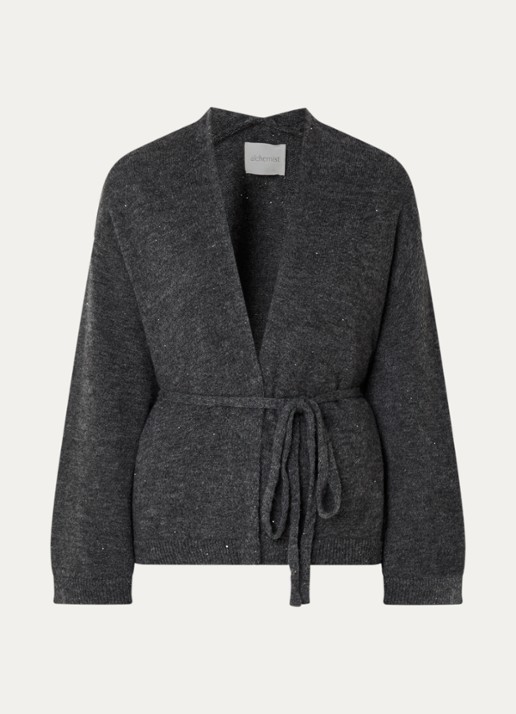 alchemist Sofia fijngebreid vest met pailletten en strikceintuur - voorkant 3 donkergrijs