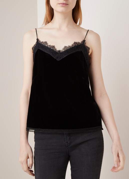 ALLSAINTS Noa spaghettitop van fluweel met kant - detail 2 zwart