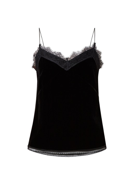 ALLSAINTS Noa spaghettitop van fluweel met kant - voorkant 3 zwart