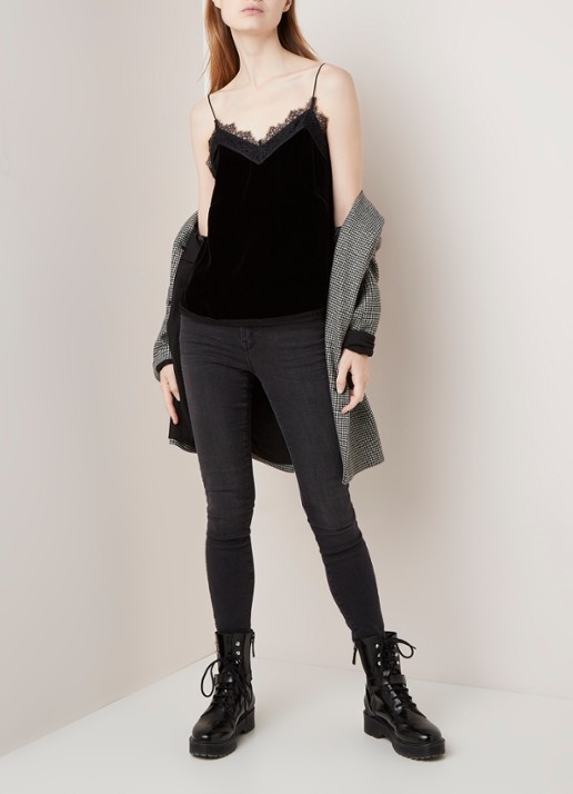 ALLSAINTS Noa spaghettitop van fluweel met kant - voorkant 4 zwart