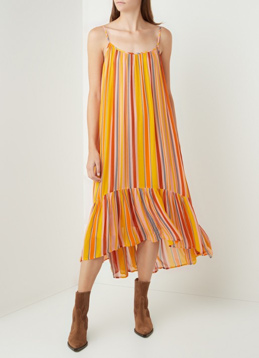 ALLSAINTS Paola maxi jurk met spaghetti bandjes en streepprint - voorkant 3 orange