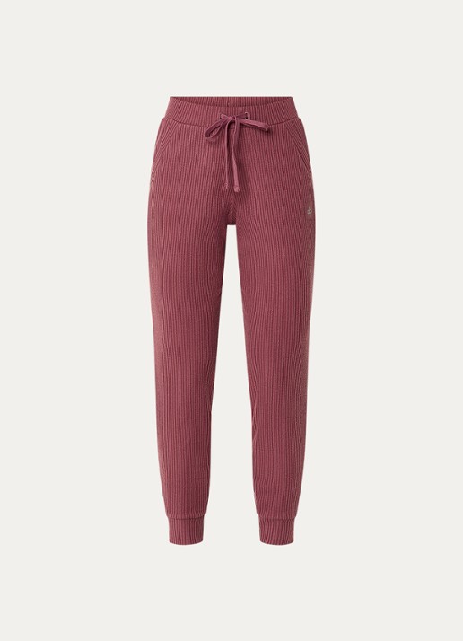 Alo Yoga Muse high waist tapered fit cropped joggingbroek met trekkoord en ribstructuur - voorkant bordeauxrood