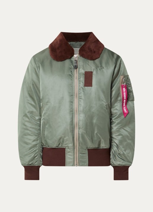 Alpha Industries B-15 Vintage gewatteerd bomberjack met afneembare kraag van imitatiebont - voorkant bronsgroen