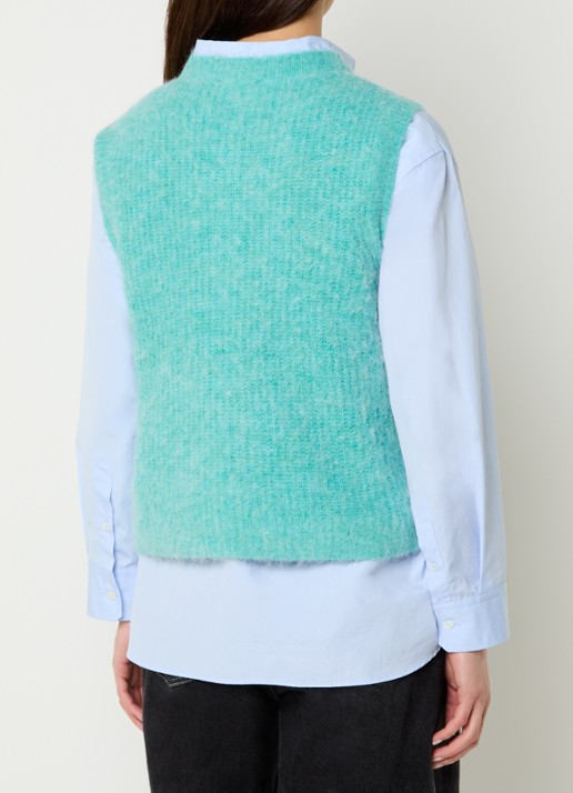 American Vintage East fijngebreid gilet in alpaca wolblend met logo - achterkant turquoise