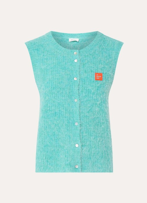 American Vintage East fijngebreid gilet in alpaca wolblend met logo - voorkant 2 turquoise