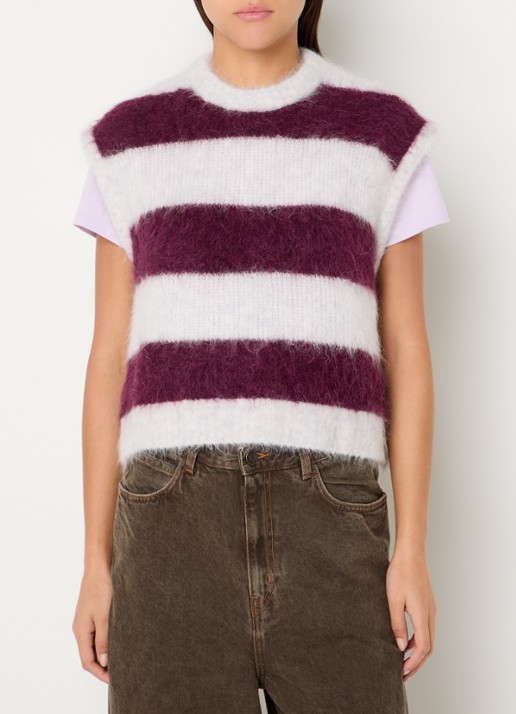 American Vintage Nibyra grofgebreide spencer in wolblend met streepprint - detail aubergine