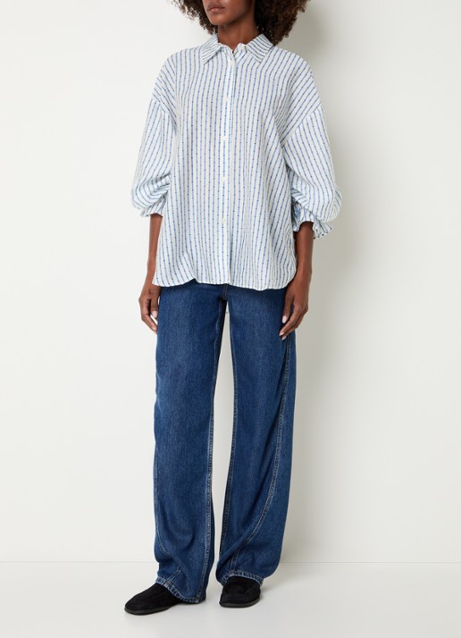 American Vintage Zivow blouse met streepprint - voorkant 3 petrol