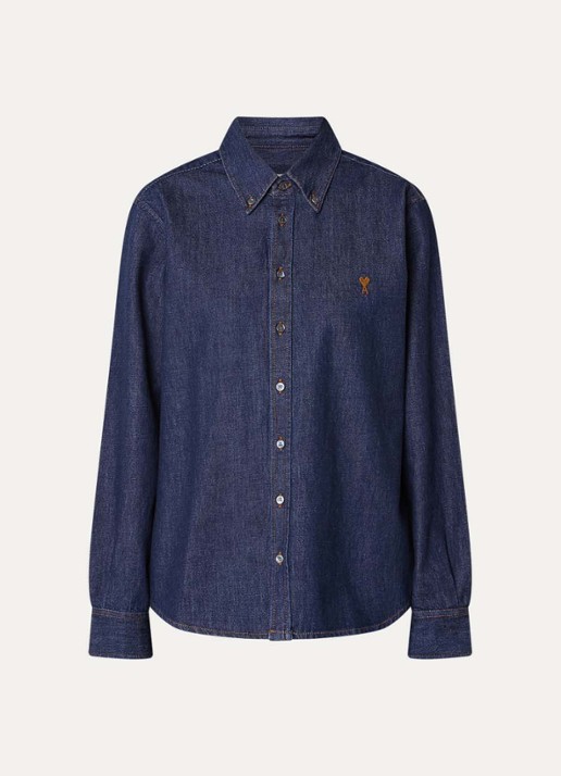 AMI Paris Blouse van denim met logo - voorkant indigo