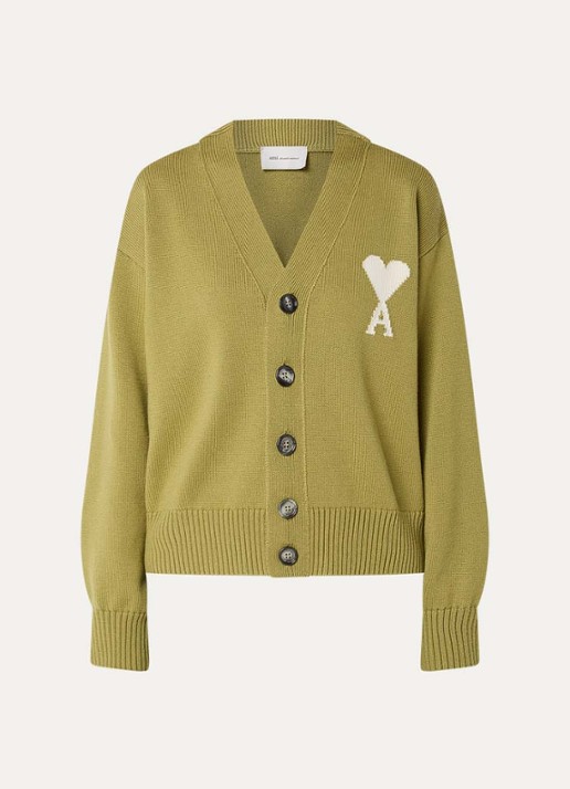 AMI Paris Fijngebreid vest in wolblend met logo - voorkant 2 lichtgroen
