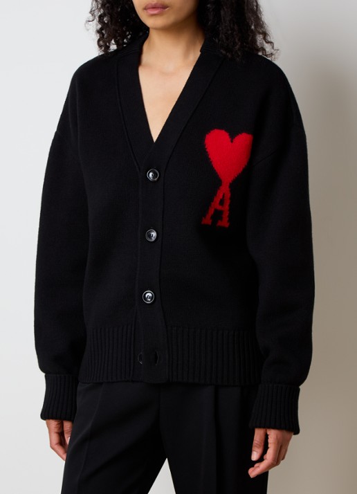 AMI Paris Fijngebreid vest van wol met ingebreid logo - detail 4 zwart
