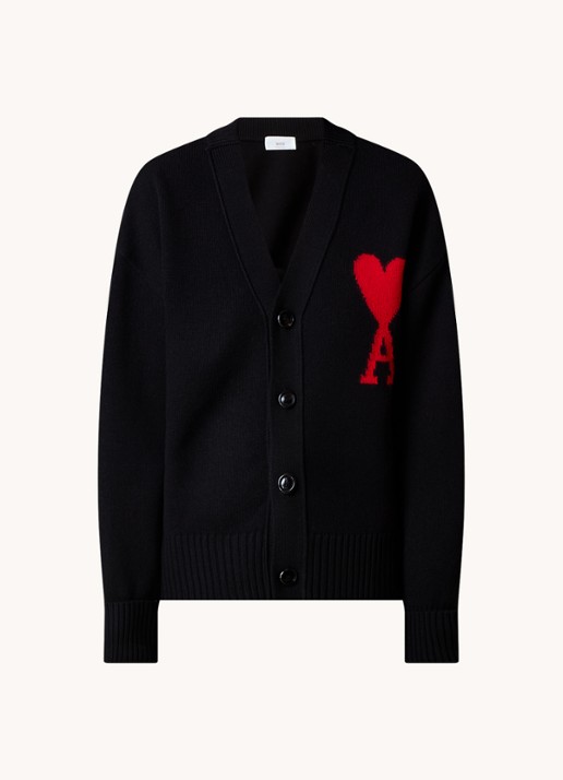AMI Paris Fijngebreid vest van wol met ingebreid logo - voorkant 2 zwart