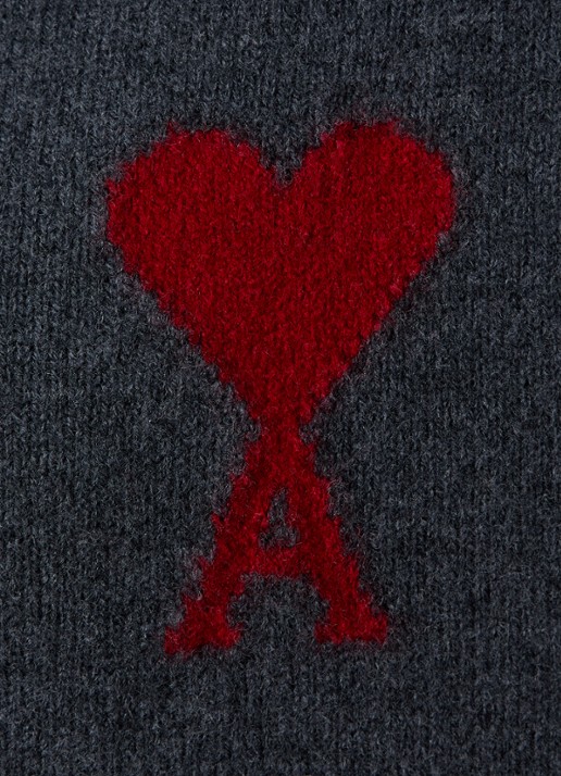 AMI Paris Fijngebreid vest van wol met logoprint - detail 4 antraciet