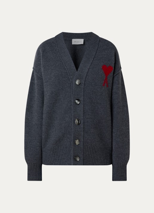 AMI Paris Fijngebreid vest van wol met logoprint - voorkant antraciet