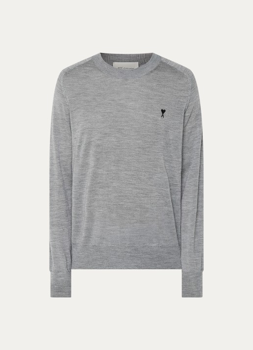 AMI Paris Fijngebreide pullover van merino wol met logoborduring - voorkant grijsmele