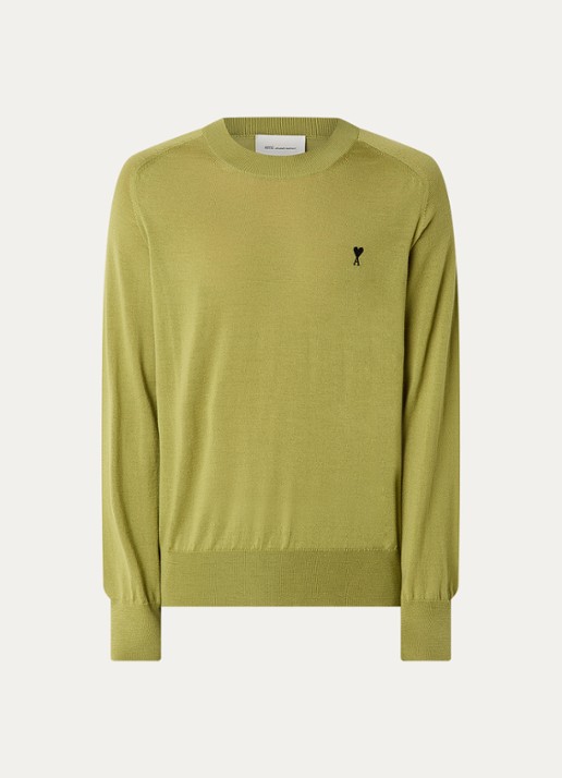 AMI Paris Fijngebreide pullover van merino wol met logoborduring - voorkant mosgroen