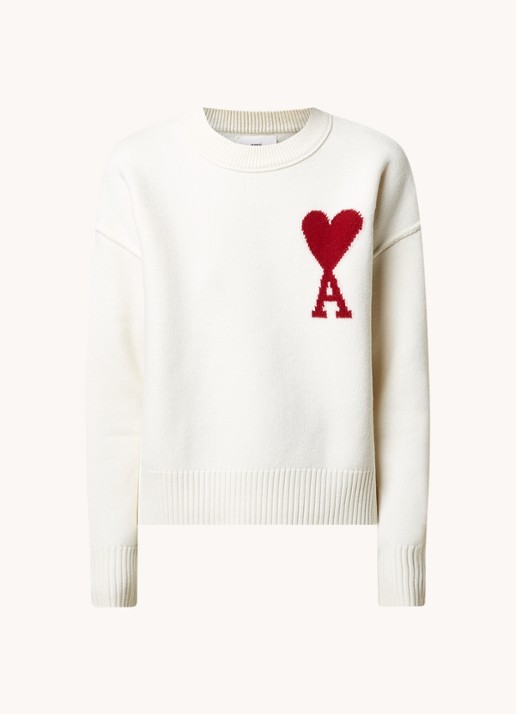 AMI Paris Fijngebreide pullover van wol met logo - voorkant gebroken wit