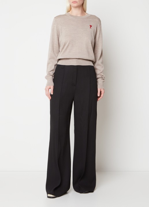 AMI Paris Fijngebreide pullover van wol met logo - voorkant 2 donkerbeige