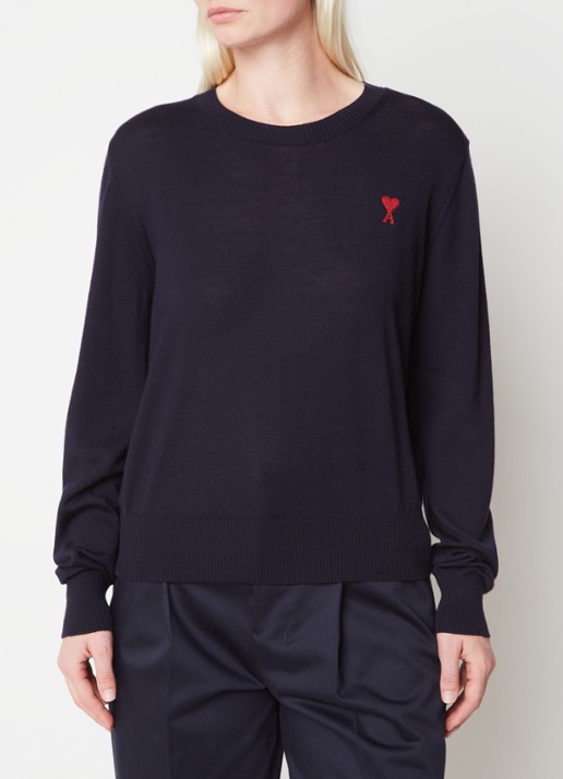AMI Paris Fijngebreide pullover van wol met logo - detail 4 donkerblauw
