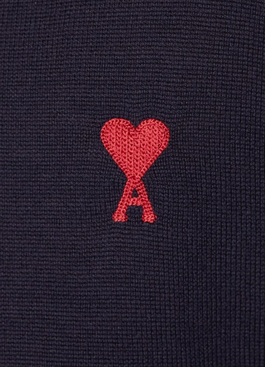 AMI Paris Fijngebreide pullover van wol met logo - detail 5 donkerblauw