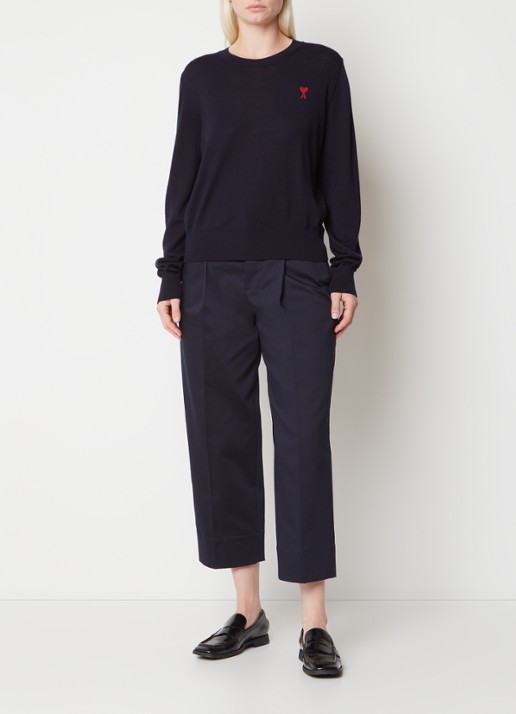 AMI Paris Fijngebreide pullover van wol met logo - voorkant 2 donkerblauw