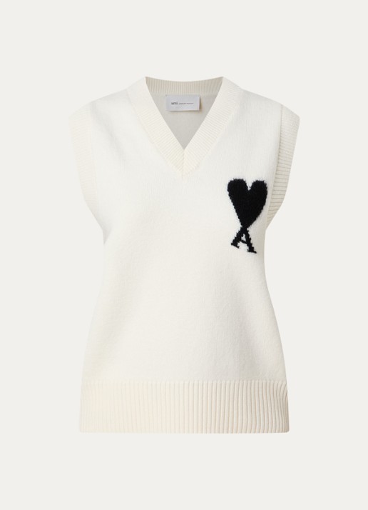 AMI Paris Fijngebreide spencer van wol met logo - voorkant 4 creme