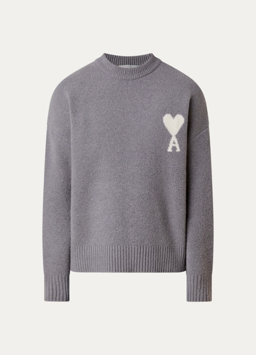 AMI Paris Fijngebreide trui in alpaca wolblend met logoprint - voorkant grijs
