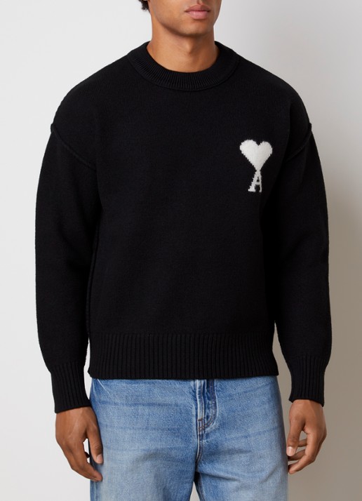 AMI Paris Fijngebreide trui van wol met logoprint - detail 4 zwart