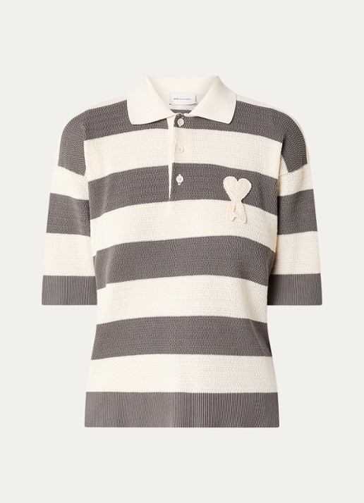 AMI Paris Grofgebreide polo met streepprint en logo - voorkant grijs