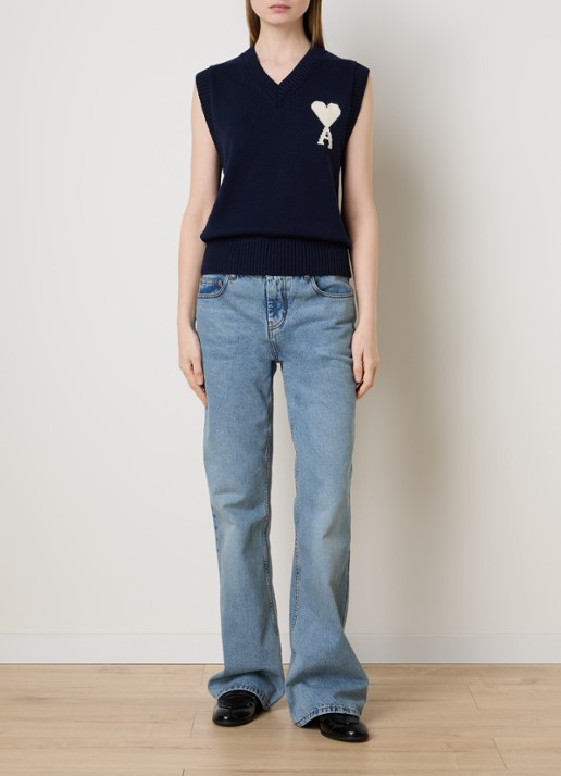 AMI Paris Grofgebreide spencer in scheerwolblend met ingebreid logo - voorkant 2 donkerblauw