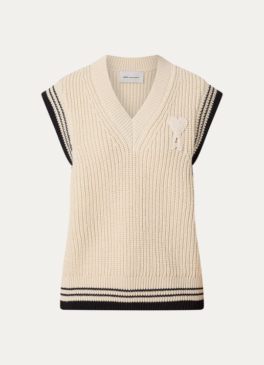 AMI Paris Grofgebreide spencer in wolblend met logo - voorkant 3 beige