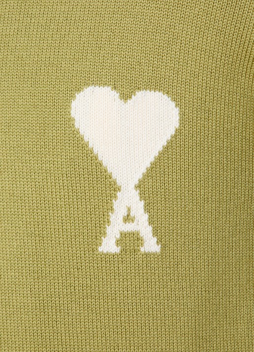 AMI Paris Grofgebreide trui in wolblend met logoborduring - detail 5 mosgroen