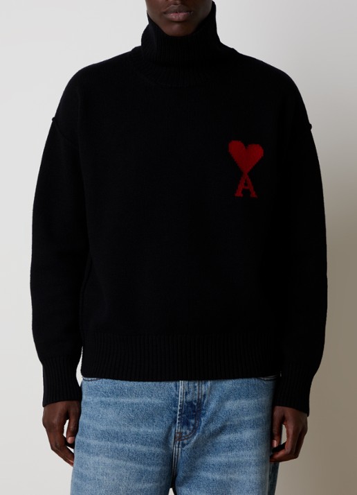 AMI Paris Grofgebreide trui van scheerwol met ingebreid logo - detail 3 zwart