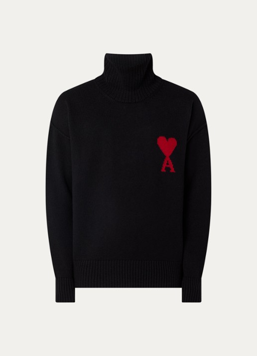 AMI Paris Grofgebreide trui van scheerwol met ingebreid logo - voorkant zwart