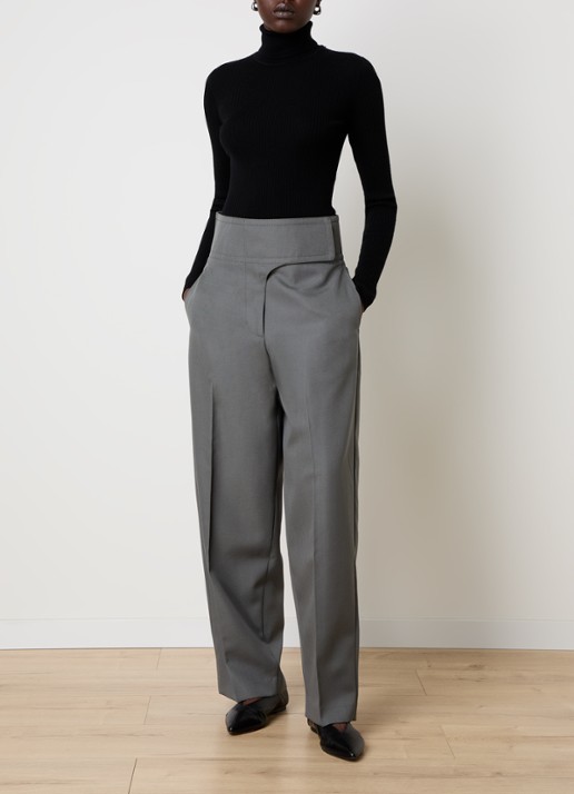 AMI Paris High waist loose fit pantalon van wol met steekzakken - voorkant 2 grijs