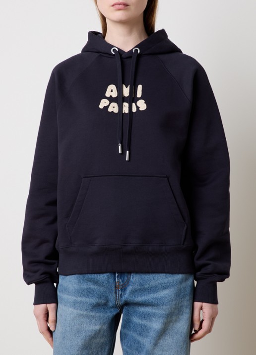 AMI Paris Hoodie van  katoen met 3D logoprint - detail 2 donkerblauw