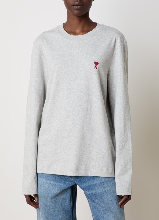 AMI Paris Longsleeve van  katoen met logoborduring  - detail 2 grijsmele