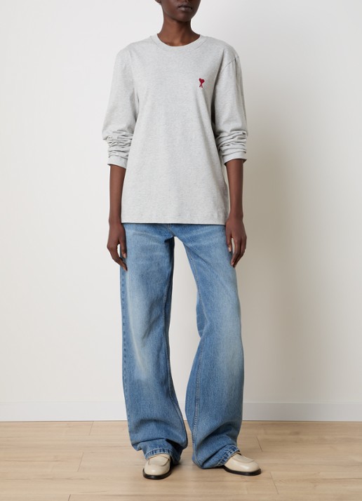 AMI Paris Longsleeve van  katoen met logoborduring  - voorkant 5 grijsmele