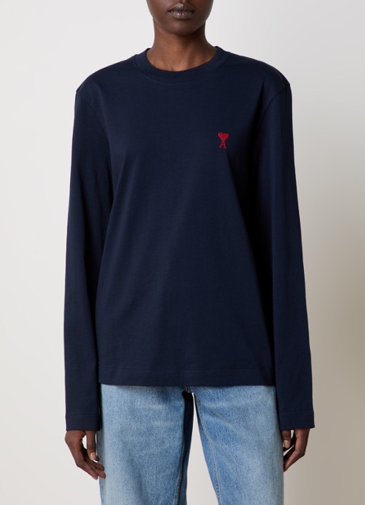 AMI Paris Longsleeve van  katoen met logoborduring  - detail 2 donkerblauw