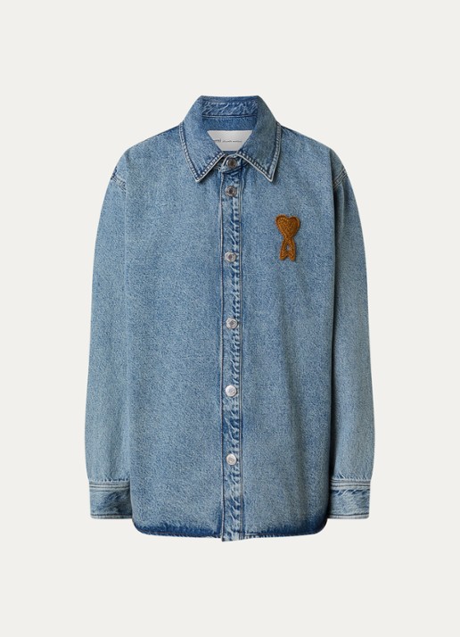 AMI Paris Overshirt van denim met logoborduring - voorkant 4 indigo